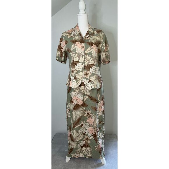 Women’s Linen Floral Button Down Set Hawaiian Tropical Skirt & Top - Picture 2 of 11